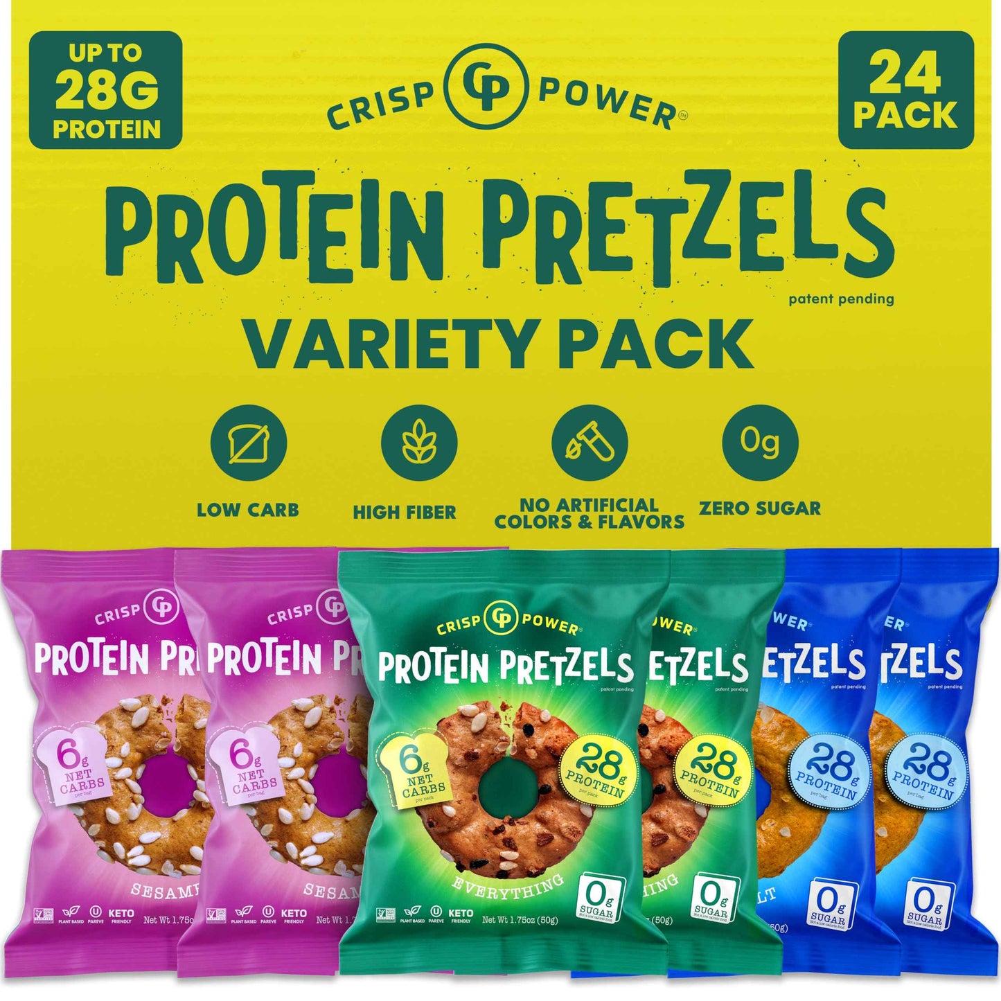 CRISP POWER Protein Pretzels, Variety Pack With Sea Salt, Sesame, & Everything, Up To 28G Protein, High Protein Snack, High Fiber, Low Carb Crunchy Pretzel Snacks, No Added Sugar, 1.75 oz Bags, 6 Pack, Vegan, Keto