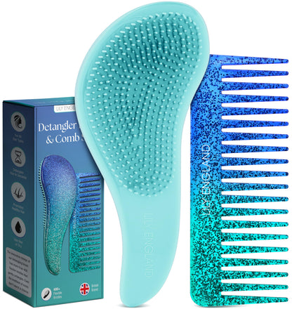 Lily England Detangler Brush &amp;amp; Comb Set - Lightweight Wide Tooth Detangling Tool for Women &amp;amp; Kids - Smooths Curly, Straight, Dry, Fine, &amp;amp; Thick Hair, Blue Glitter