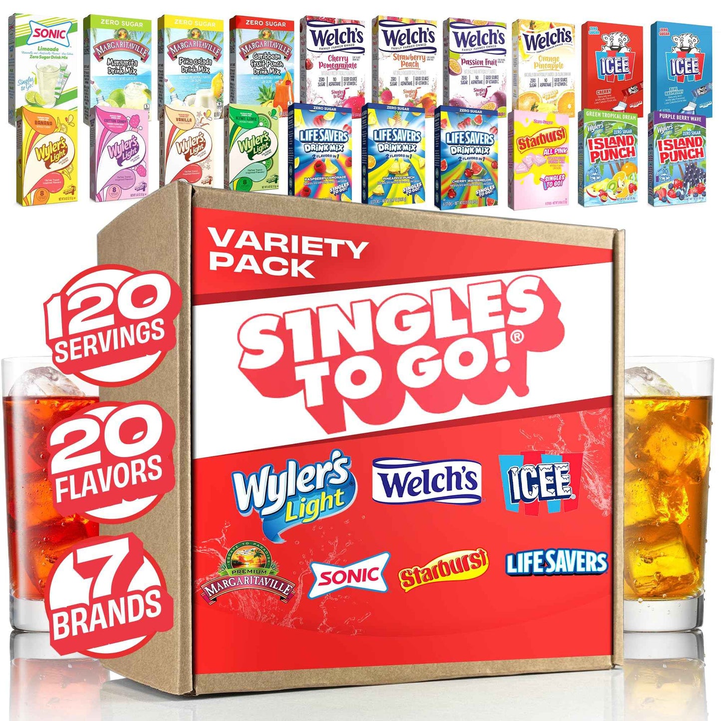 Singles To Go! 120ct Bulk Variety Pack - 20 Different Flavors and More - Sugar Free Drink Mix Packets - Sugar Free Water Flavoring Packets