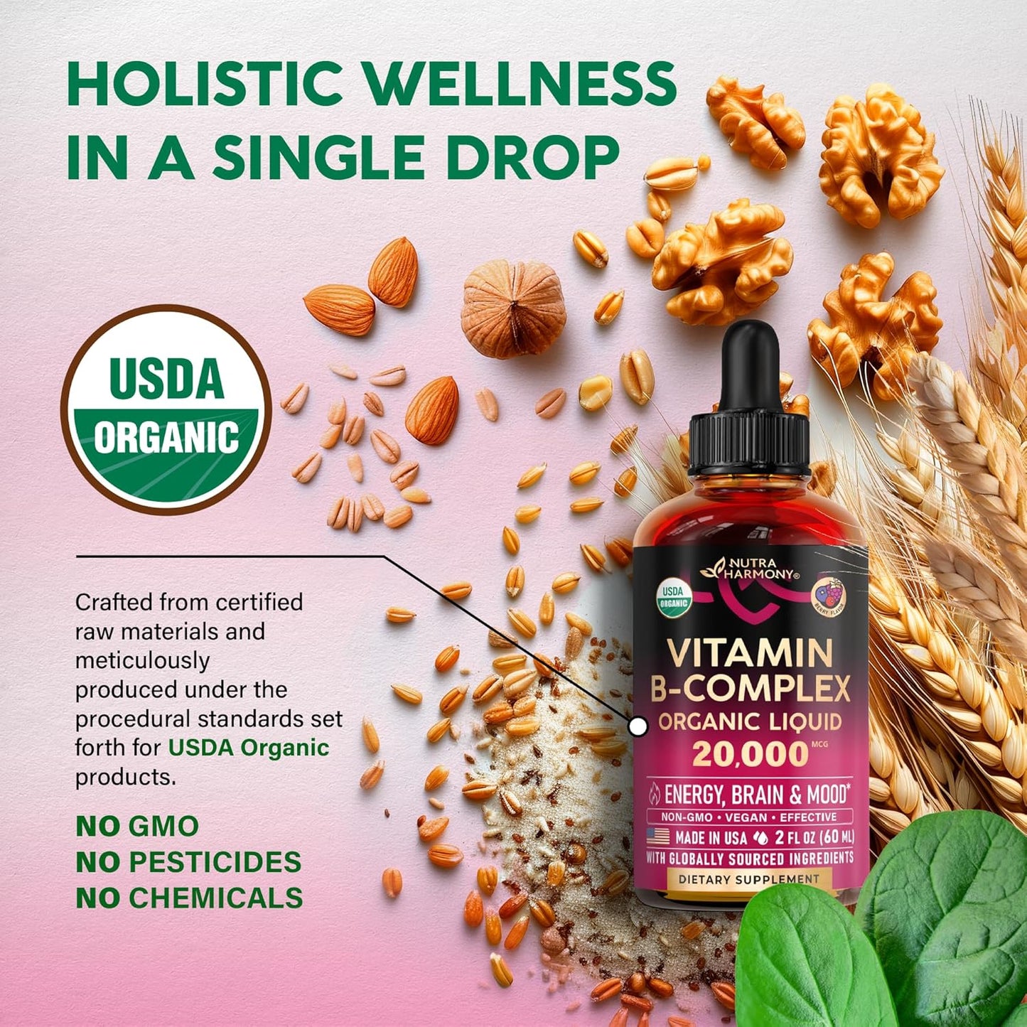 USDA Organic Vitamin B-Complex B5 Pantothenic Acid | B12 Methylcobalamin | B1 Thiamine | B6 Pyridoxine | B7 Biotin | B9 Folic | B3 Niacinamide - B Complex Liquid Drops | Complex Liquid Spray, Made in USA Supplement