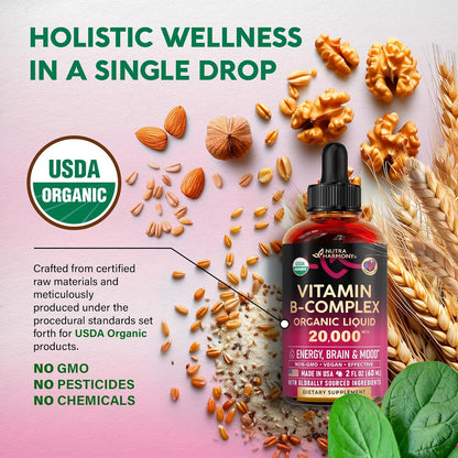 USDA Organic Vitamin B-Complex B5 Pantothenic Acid | B12 Methylcobalamin | B1 Thiamine | B6 Pyridoxine | B7 Biotin | B9 Folic | B3 Niacinamide - B Complex Liquid Drops | Complex Liquid Spray, Made in USA Supplement