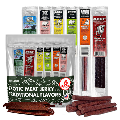 Buffalo Bob&amp;#39;s Wild Game Meat Snacks (6 Pack), Beef Jerky Gift Set, Pork Jerky Sampler Variety, Snack Baskets for Men, Premium Gifts for Dad, Meat Gift Box, Assorted Snacks for Men | Traditional Pack