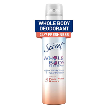 Secret_Whole_Body_Deodorant_for_Women,_Peach_&_Vanilla_Scent,_Aluminum_Free_Deodorant_Spray,_72_HR_Odor_Protection,_3.5_oz_Body_Care_Daily_Comfort_Cosmetic_Cleanser_Aroma
