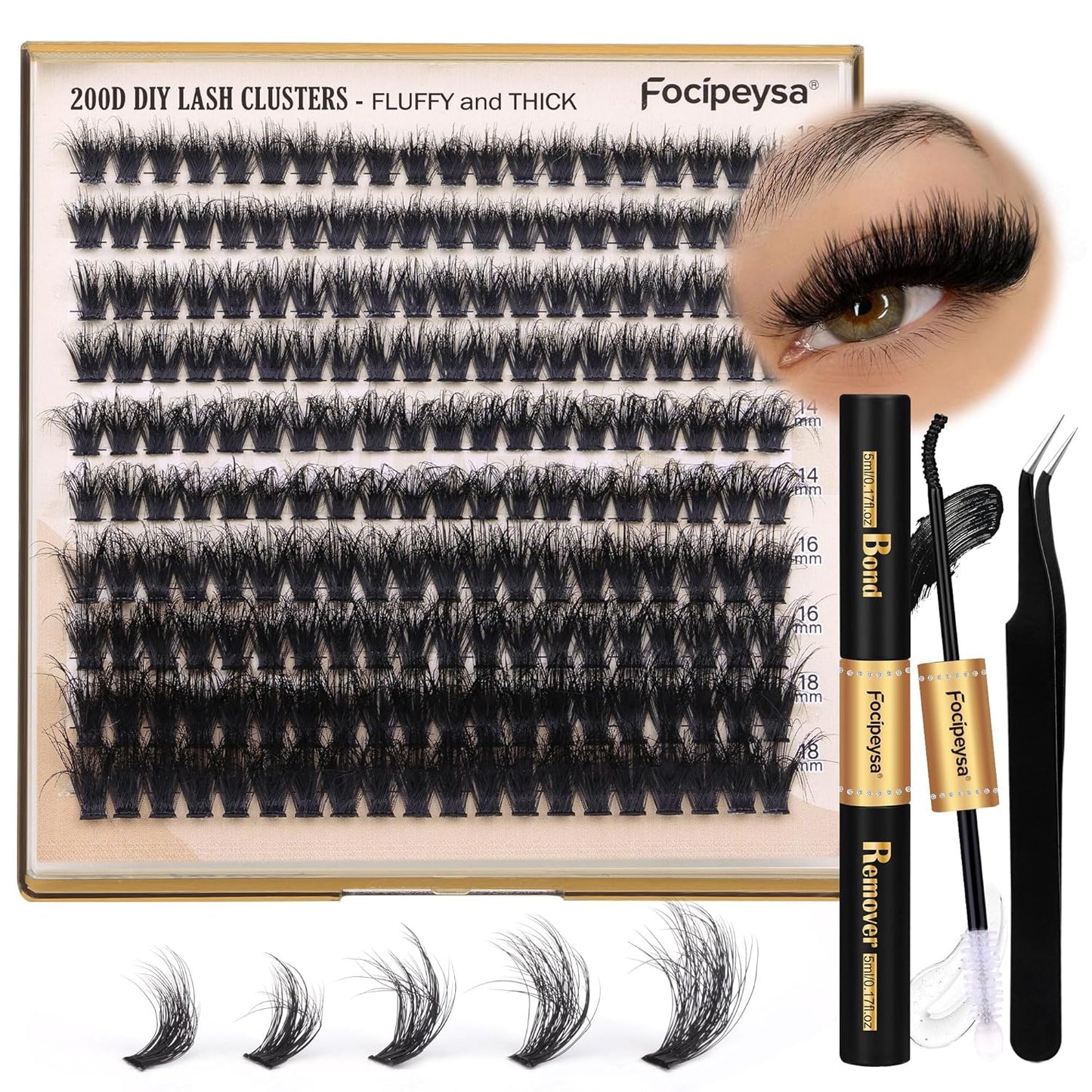 Focipeysa_Lash_Extension_Kit_Thick_Eyelash_Extension_Kit_10-18mm_Fluffy_Lash_Clusters_200D_Individual_Eyelashes_Kit_with_Lash_Bond,_Lash_Remover,_Lash_Applicator,_DIY_Lashes_Extension_Makeup_Cosmetic_Eyelashes_Extensions