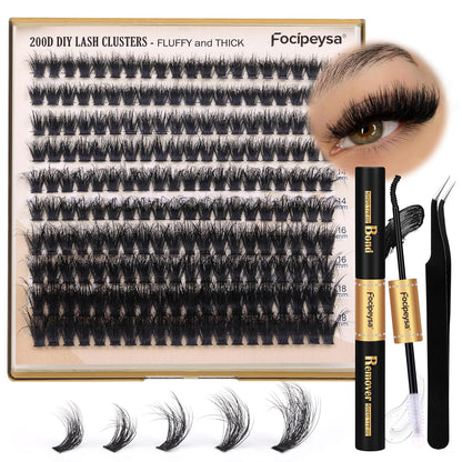 Focipeysa_Lash_Extension_Kit_Thick_Eyelash_Extension_Kit_10-18mm_Fluffy_Lash_Clusters_200D_Individual_Eyelashes_Kit_with_Lash_Bond,_Lash_Remover,_Lash_Applicator,_DIY_Lashes_Extension_Makeup_Cosmetic_Eyelashes_Extensions