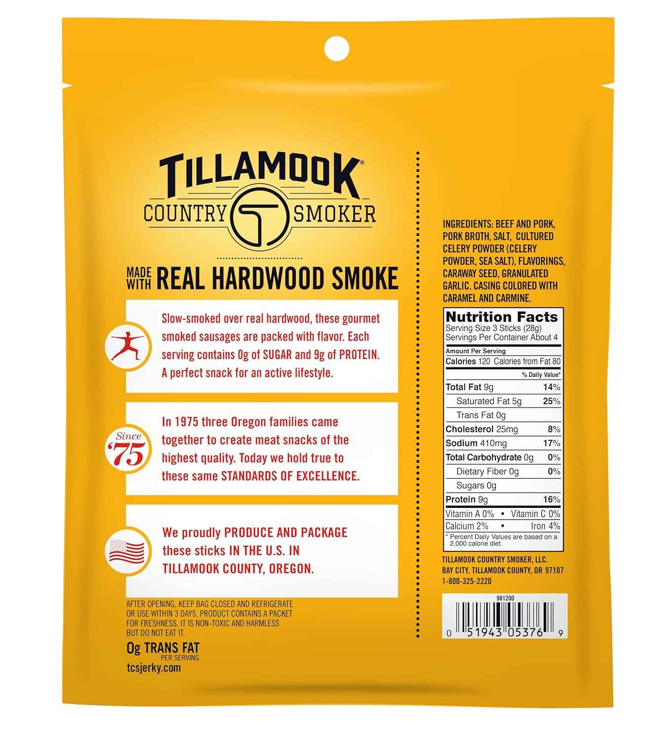 Tillamook Country Smoker Smoked Sausage Sticks – Commute Snack for Professionals and Parents, 9g Protein Grab and Go