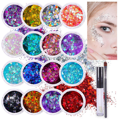 Chunky Holographic Body Glitter I 16 Colors + Glitter Glue for Face Glitter Makeup, Hair, Eye &amp;amp; Fine Glitter Eyeshadow - Perfect for Halloween, Slime, Resin, Tumblers, Craft, Cosmetic &amp;amp; Nail Art