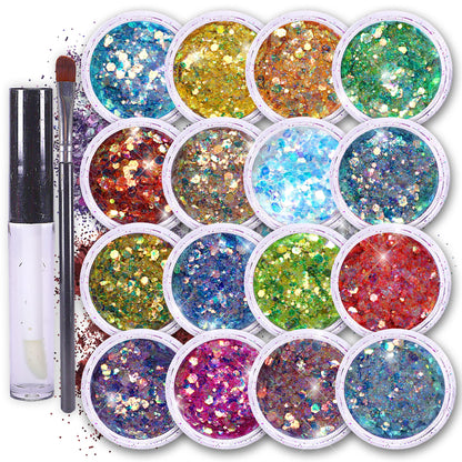 Fairy Tears Chunky Holographic Body Glitter I 16 Colors + Glitter Glue for Face Glitter Makeup, Hair, Eye &amp;amp; Fine Glitter Eyeshadow - Perfect for Halloween, Resin, Tumblers, Craft, Cosmetic &amp;amp; Nail Art
