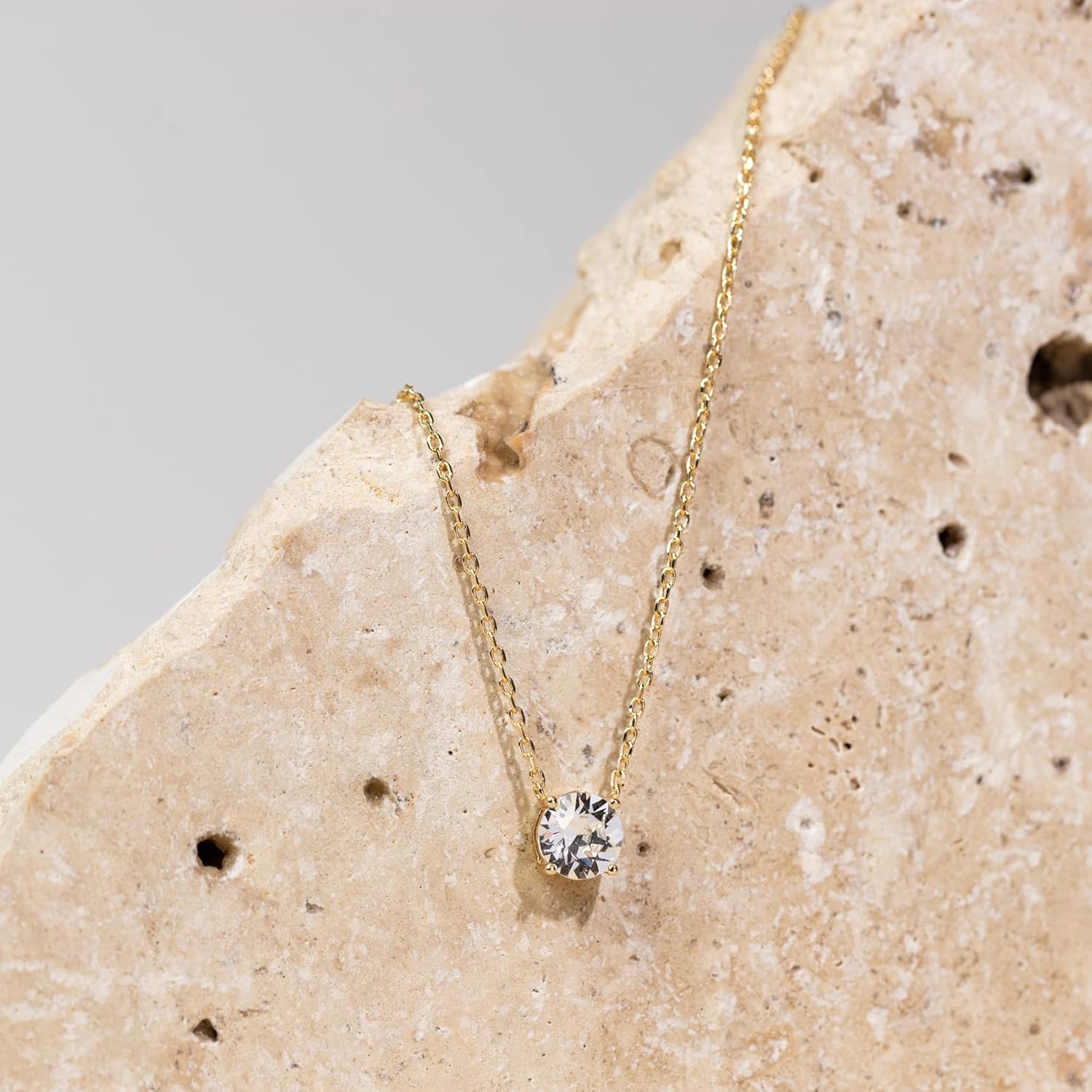 PAVOI_14K_Gold_Plated_Crystal_Solitaire_1.5_Carat_(7.3mm)_CZ_Dainty_Choker_Necklace_|_Gold_Necklaces_for_Women
