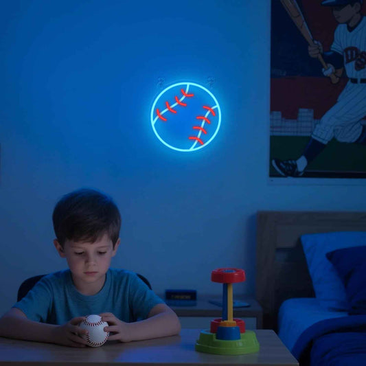 Baseball Neon Sign - Child Friendly Sports Night Light for Boys Room, Dimmable LED Wall Decor No Glass No Flame, USB Powered Bedroom Light