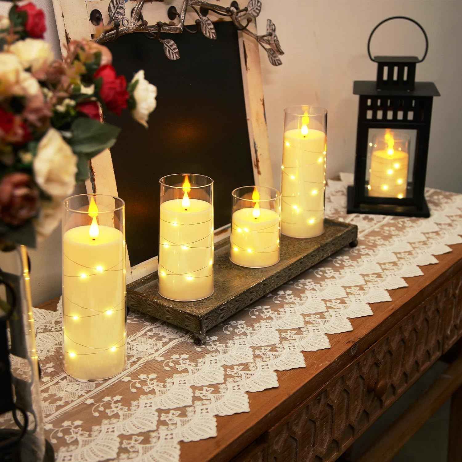 Homemory Flameless LED Candles with Star String Lights – Child and Pet Safe Nightlight Set, Ivory Battery Operated 5 Pack