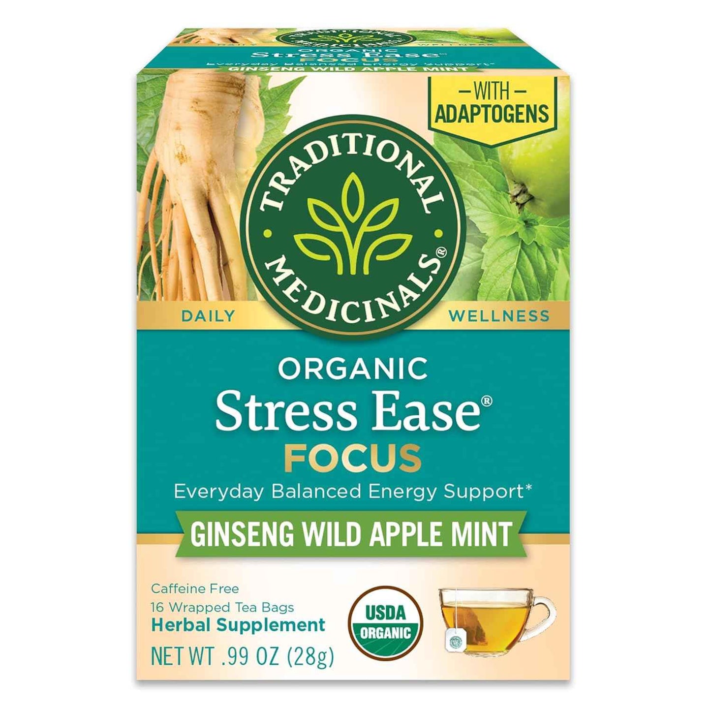Traditional Medicinals Stress Ease Focus Tea – Clean-Label Adaptogen Blend for the Intentional Pantry, 16 Bags