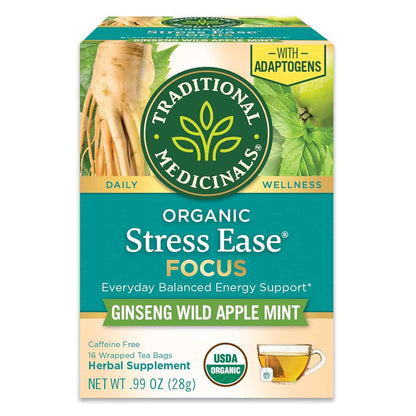 Traditional Medicinals Stress Ease Focus Tea – Clean-Label Adaptogen Blend for the Intentional Pantry, 16 Bags