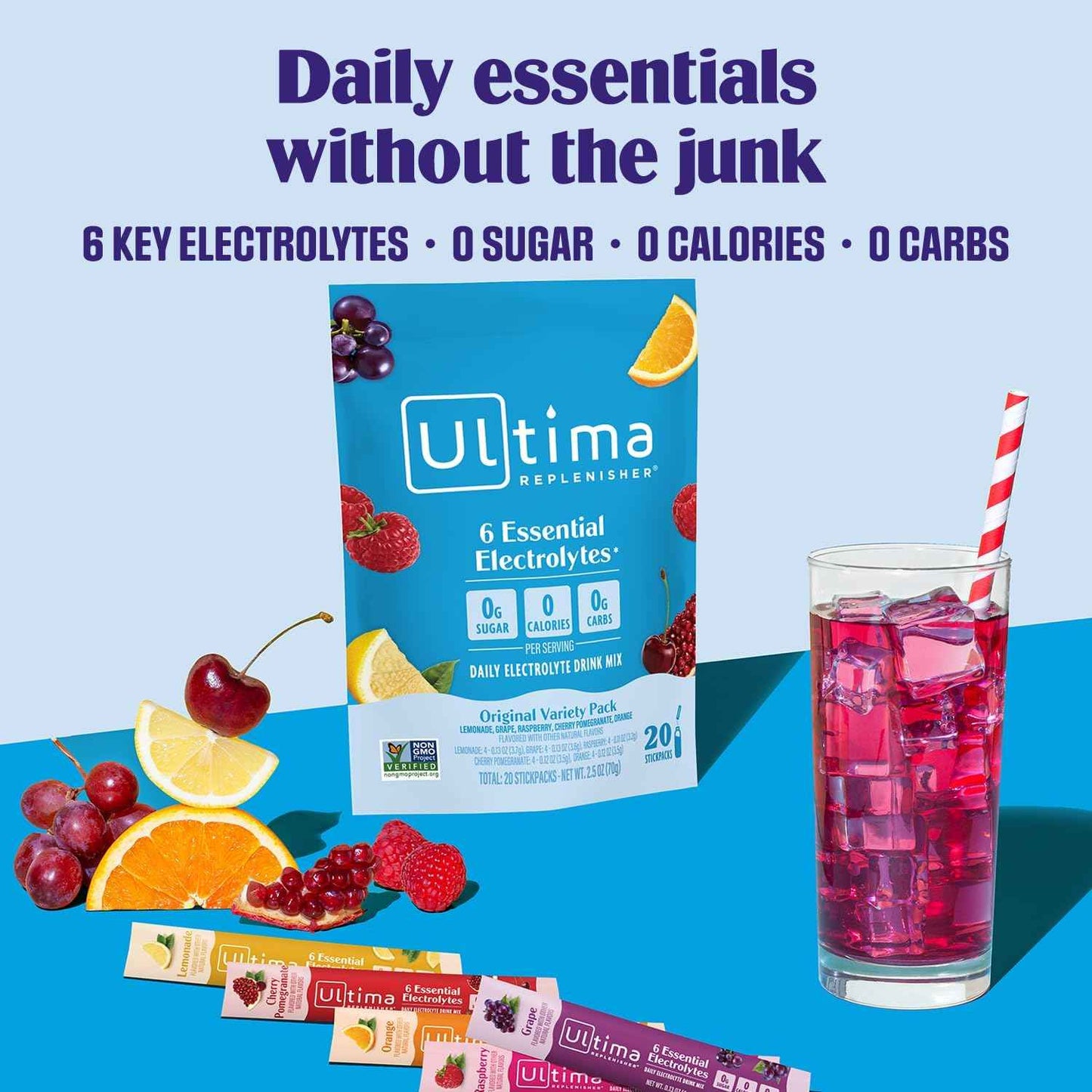 Ultima Replenisher Electrolyte Powder – Portable Hydration for Hiking and Camping, 20 Stickpack Zero Sugar Variety