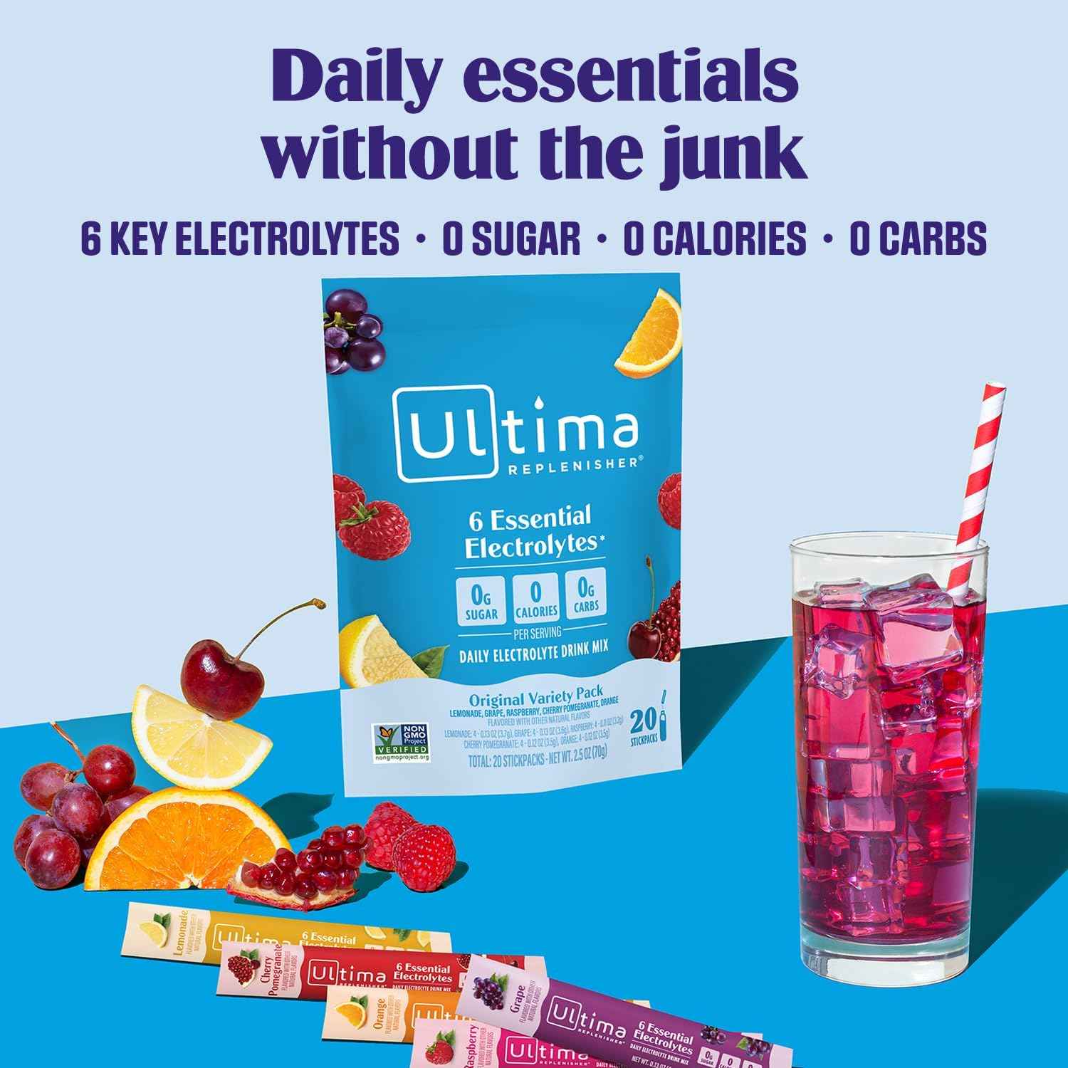 Ultima Replenisher Electrolyte Powder – Portable Hydration for Hiking and Camping, 20 Stickpack Zero Sugar Variety