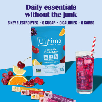 Ultima Replenisher Electrolyte Powder – Portable Hydration for Hiking and Camping, 20 Stickpack Zero Sugar Variety