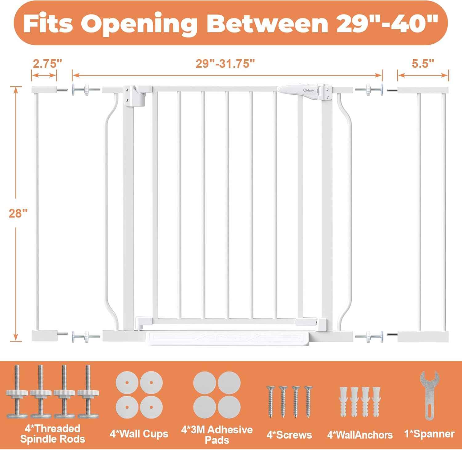 ChildProof Pressure Mounted Pet Gate with Auto-Close Hinge, No Drill Baby Gate 29-40 Inch Wide for Stairways and Doorways, One-Hand Release Lock