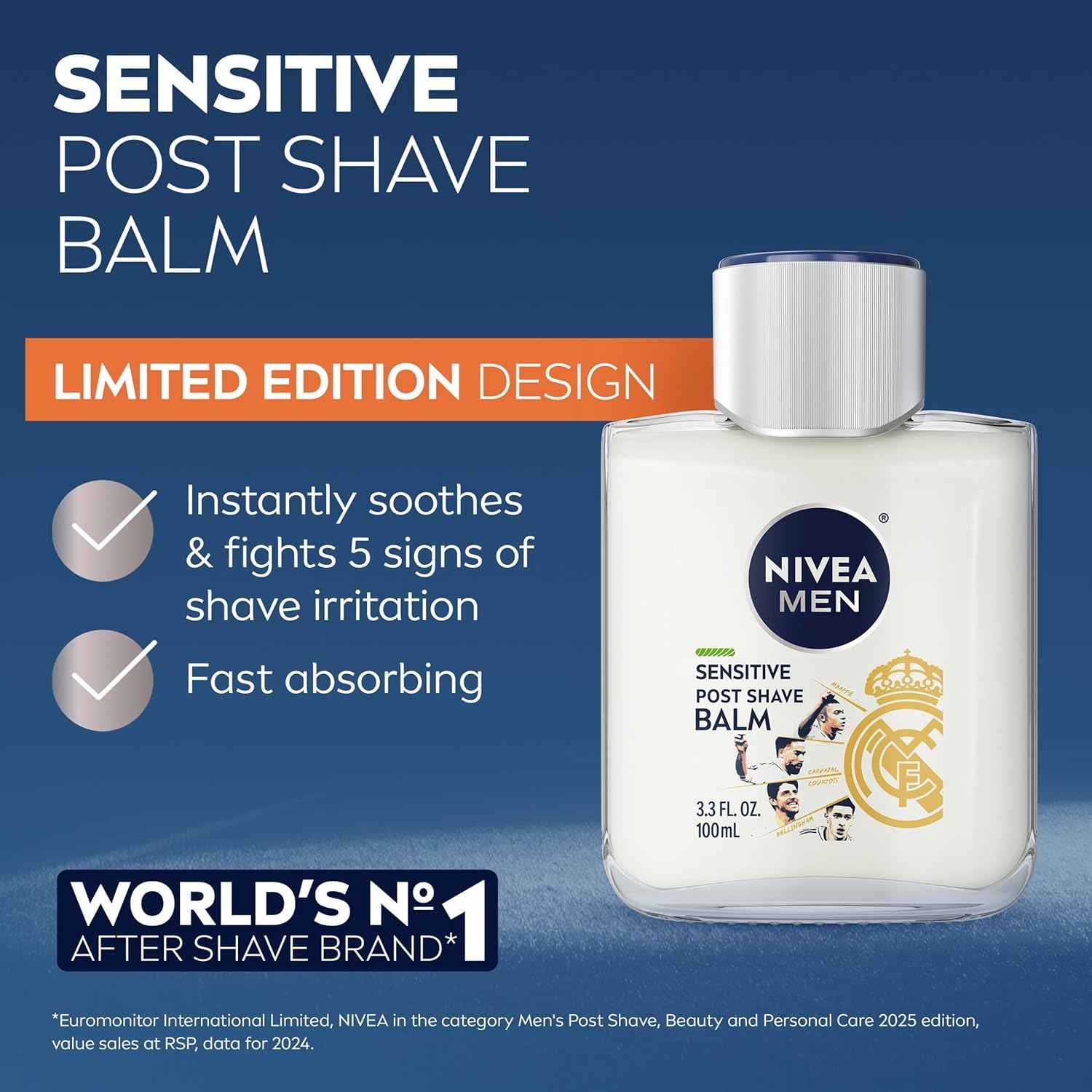 NIVEA MEN Real Madrid Post Shave Balm – Licensed Soccer Fan Gift for Men, Alcohol Free Daily Aftershave 3.3 Fl Oz