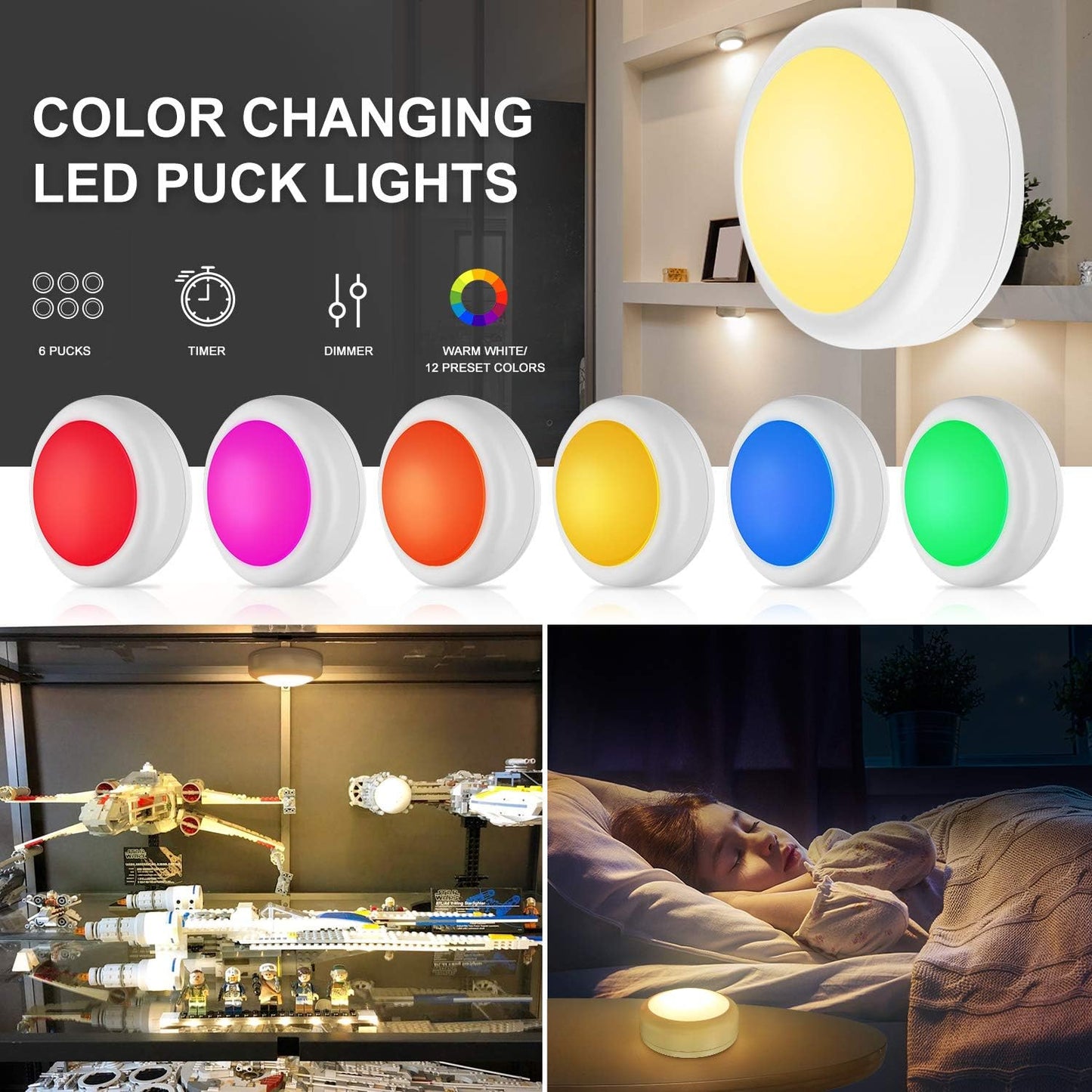 Alivation 6-Pack Color Puck Lights as Housewarming Gift for New Homeowners, Remote-Controlled Ambient Lighting for Women and Men