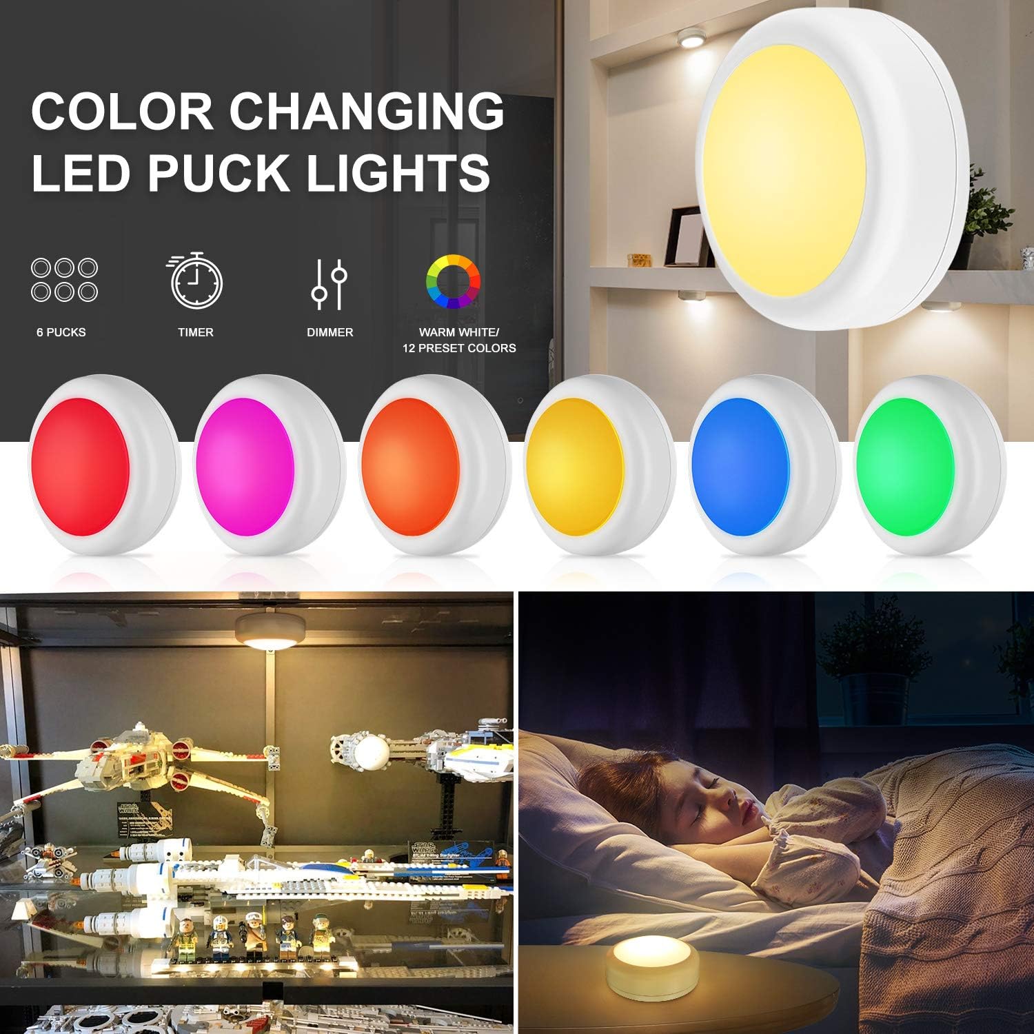 Alivation 6-Pack Color Puck Lights as Housewarming Gift for New Homeowners, Remote-Controlled Ambient Lighting for Women and Men