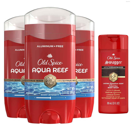 Old Spice Aluminum-Free Deodorant Aqua Reef — Birthday Gift for Men, 48-Hour Odor Protection Pack of 4 with Travel Body Wash