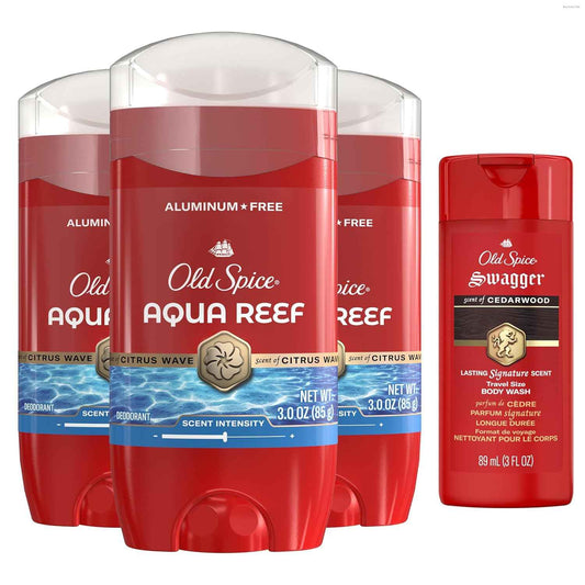 Old Spice Aluminum-Free Deodorant Aqua Reef — Birthday Gift for Men, 48-Hour Odor Protection Pack of 4 with Travel Body Wash