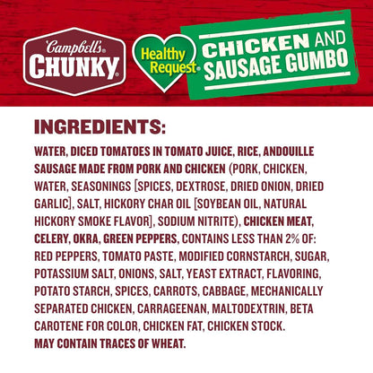 Campbell's Chunky Healthy Request Chicken and Sausage Gumbo Soup, 18.8 Oz Can – Antibiotic-Free Chicken Protein Lunch