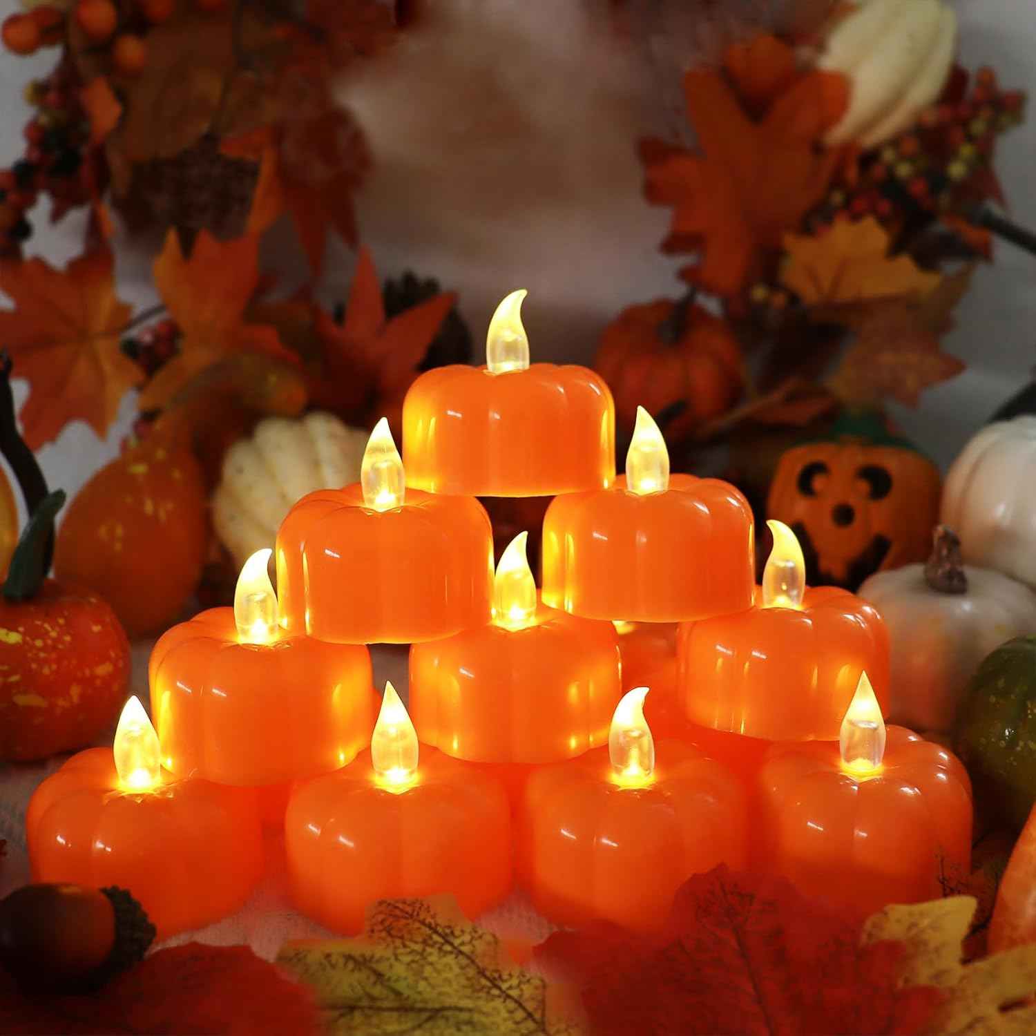 Pumpkin Glow LED Tea Lights – Cozy Living Room Fall Centerpiece, Flickering Amber Accent for Mantel and Bookshelf Styling
