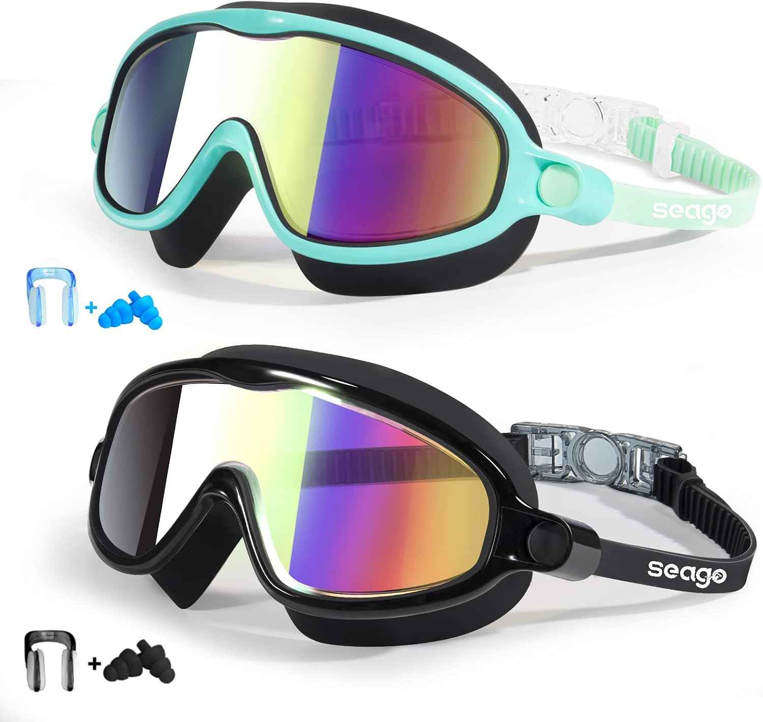 Seago Swim Goggles 2 Pack – UV400 Anti-Fog Kids Swimming Goggles with Wide View Lenses, Eye Protection for Pool and Beach