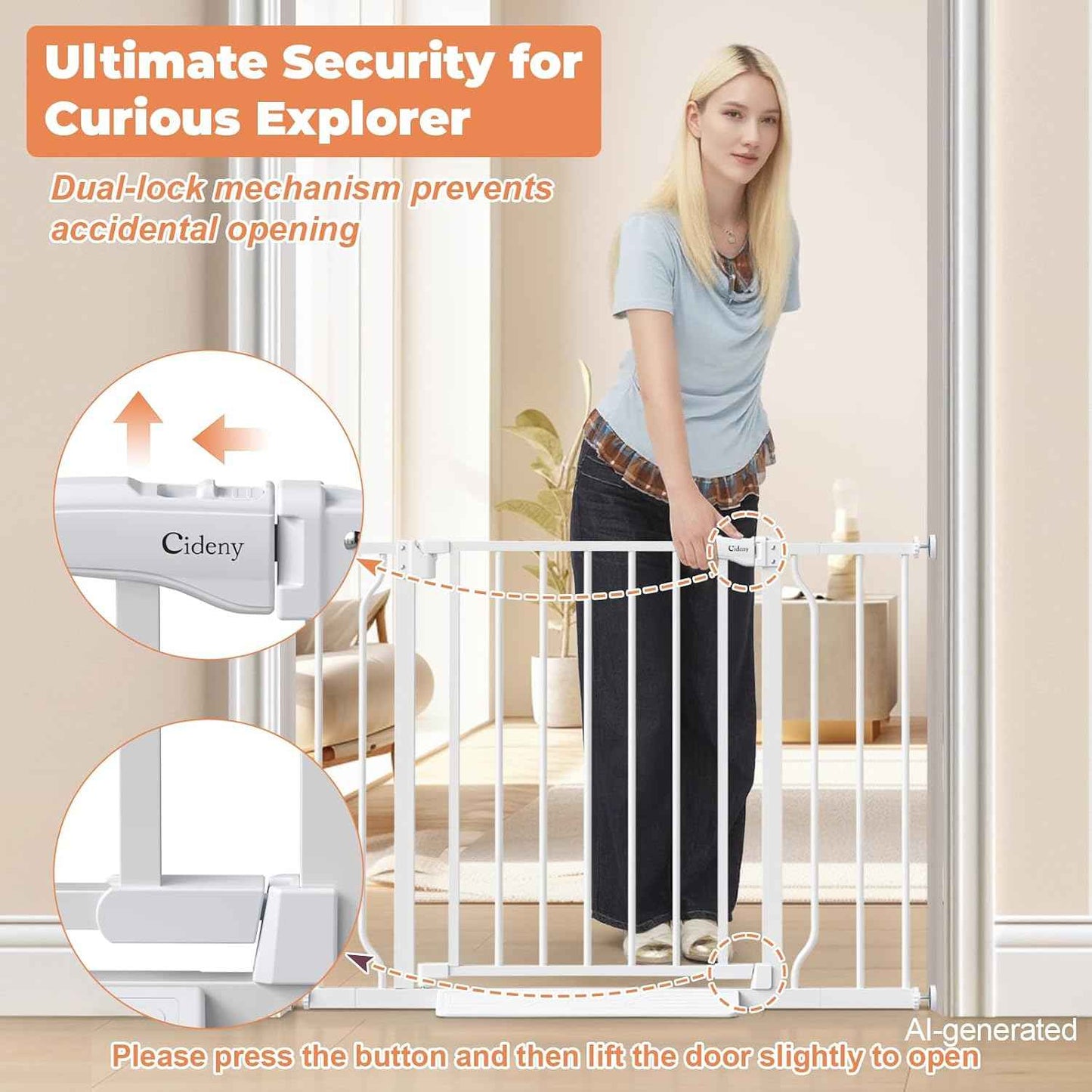 ChildProof Pressure Mounted Pet Gate with Auto-Close Hinge, No Drill Baby Gate 29-40 Inch Wide for Stairways and Doorways, One-Hand Release Lock