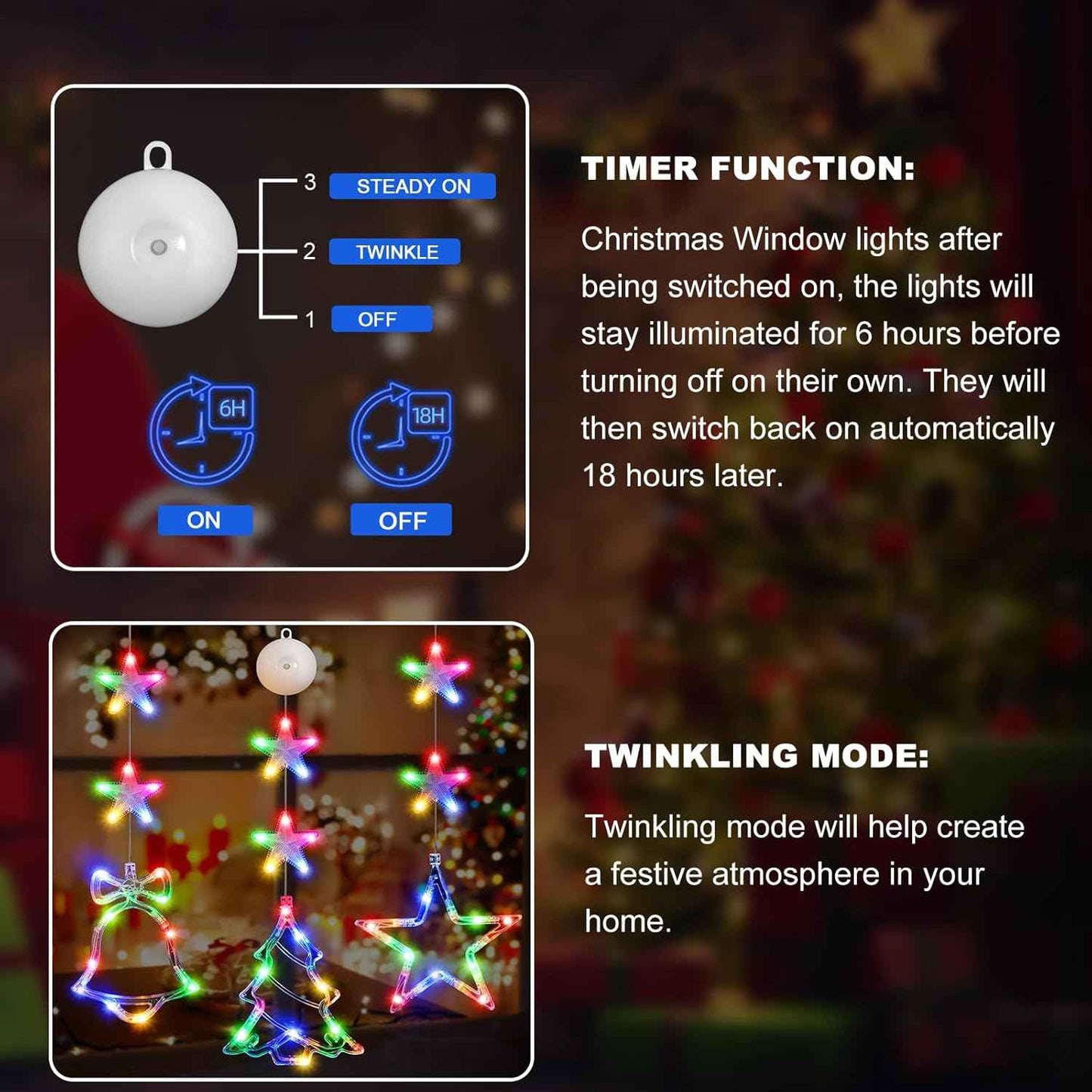 Lumalights Battery Powered Christmas Window Decor – 3-Piece Tree, Bell & Star LED Set for Bedroom Aesthetic