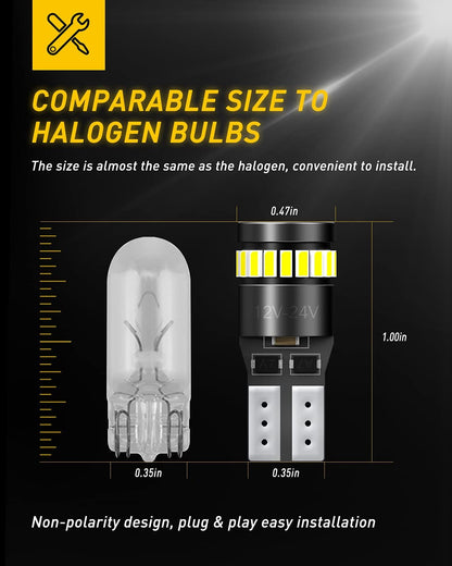 AUXITO T10 168 LED Bulbs for Safe CANbus-Ready Vehicle Conversion, 12V 2W Low-Heat White Bulbs for Interior and Exterior Socket Swap, Pack of 2