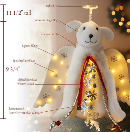 iHeartDogs Christmas Miracle Angel – Cozy Living Room Tree Topper with LED Halo and Snowflake Garland