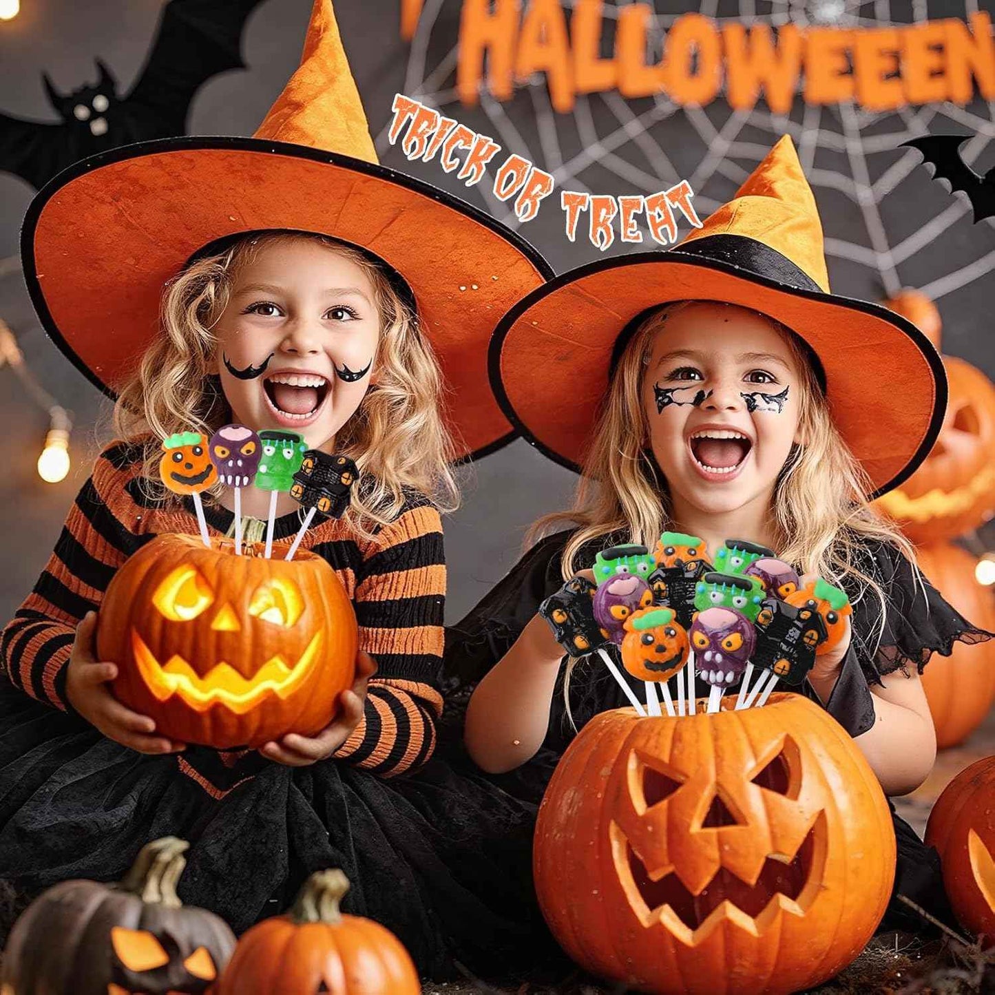 Halloween Lollipops Gift Box - Individually Wrapped 24 Pack of Spooky Suckers for Neighbor Goody Bags and Seasonal Gift Baskets