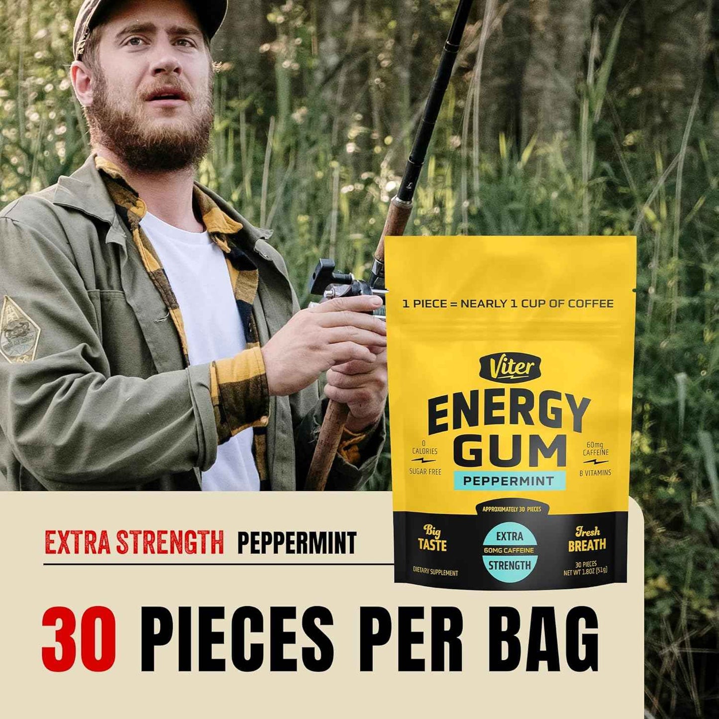 Viter Energy Caffeine Peppermint Chews – Steady Pre-Workout Focus for Meetings and Home Office, Zero Calorie