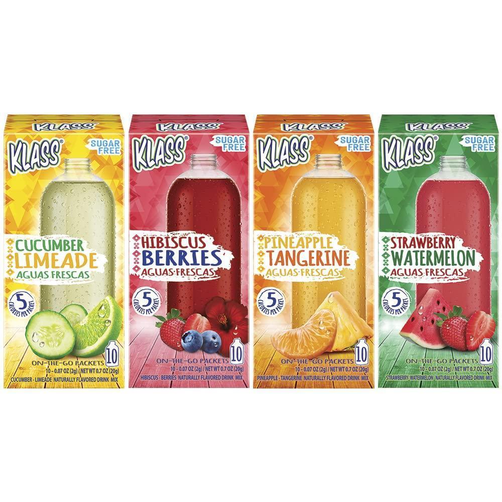 Klass_Aguas_Frescas_Variety_Pack,_1_box_of_Cucumber_Limeade,_1_box_Strawberry_Watermelon,_1_box_Hibiscus_Berries,_1_box_Pineapple_Tangerine_(40_Total_On_the_Go_Packets)