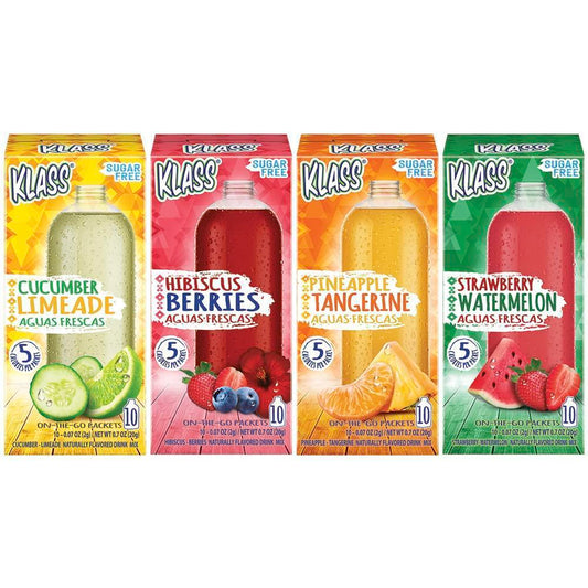 Klass_Aguas_Frescas_Variety_Pack,_1_box_of_Cucumber_Limeade,_1_box_Strawberry_Watermelon,_1_box_Hibiscus_Berries,_1_box_Pineapple_Tangerine_(40_Total_On_the_Go_Packets)