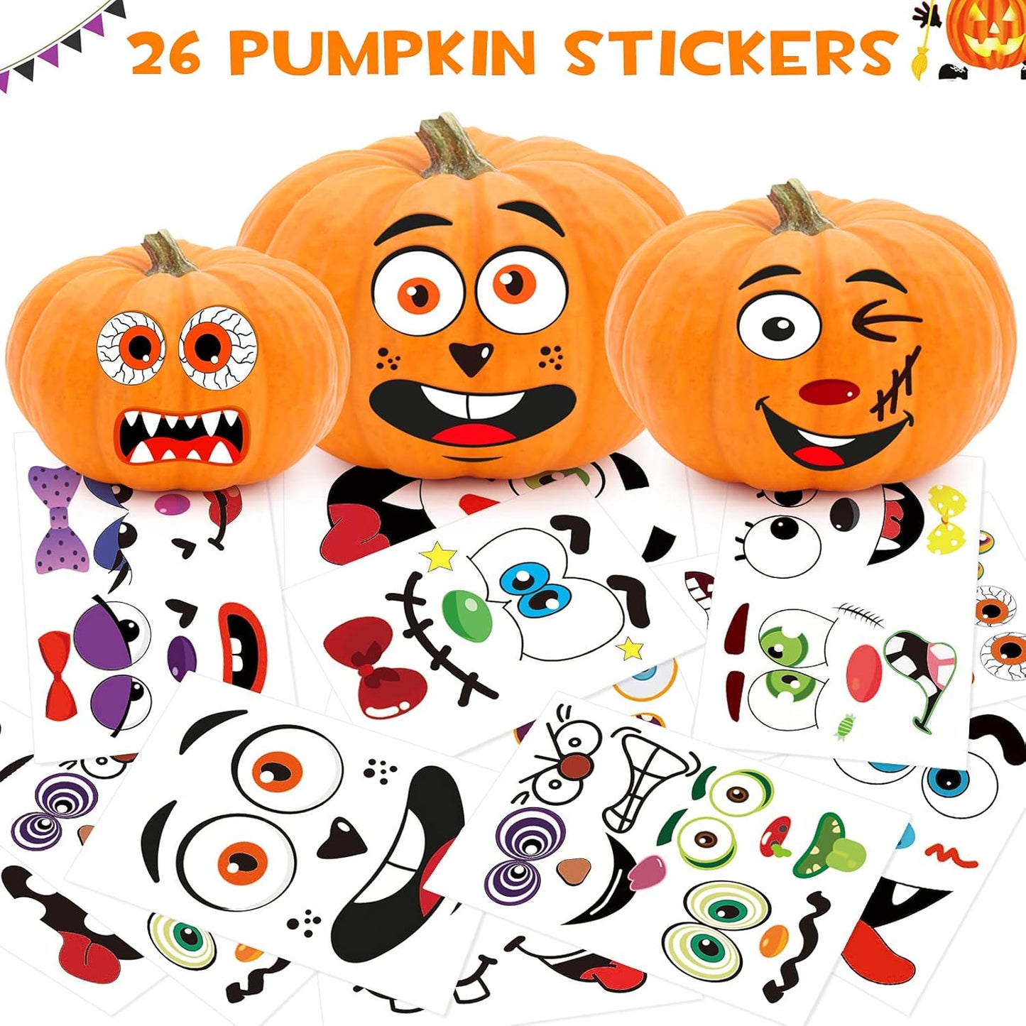 BainGsek 56 Funny Pumpkin Stickers for Kids – No-Knife Decorating Activity for Family Halloween and School Parties