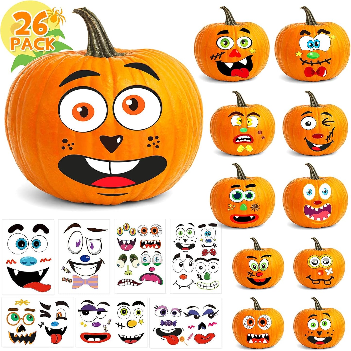 BainGsek 56 Funny Pumpkin Stickers for Kids – No-Knife Decorating Activity for Family Halloween and School Parties