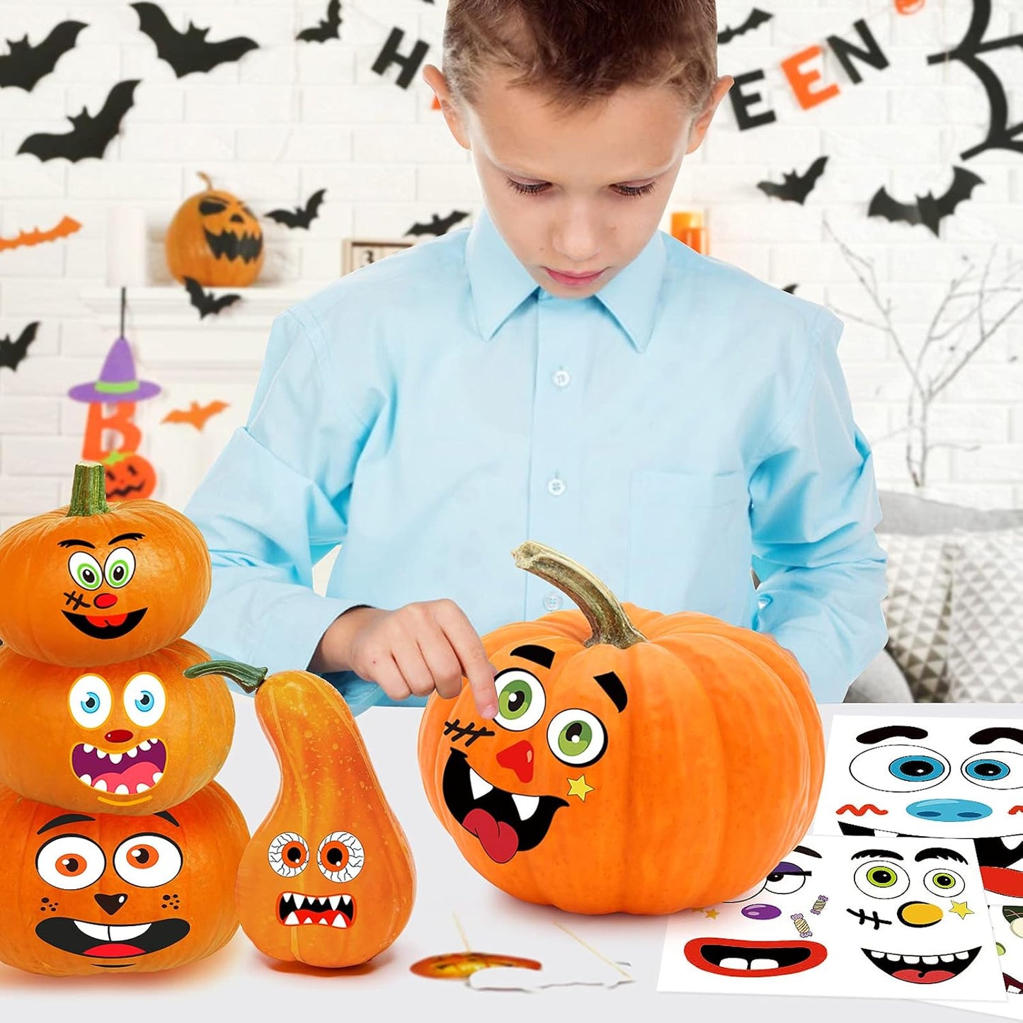 BainGsek 56 Funny Pumpkin Stickers for Kids – No-Knife Decorating Activity for Family Halloween and School Parties