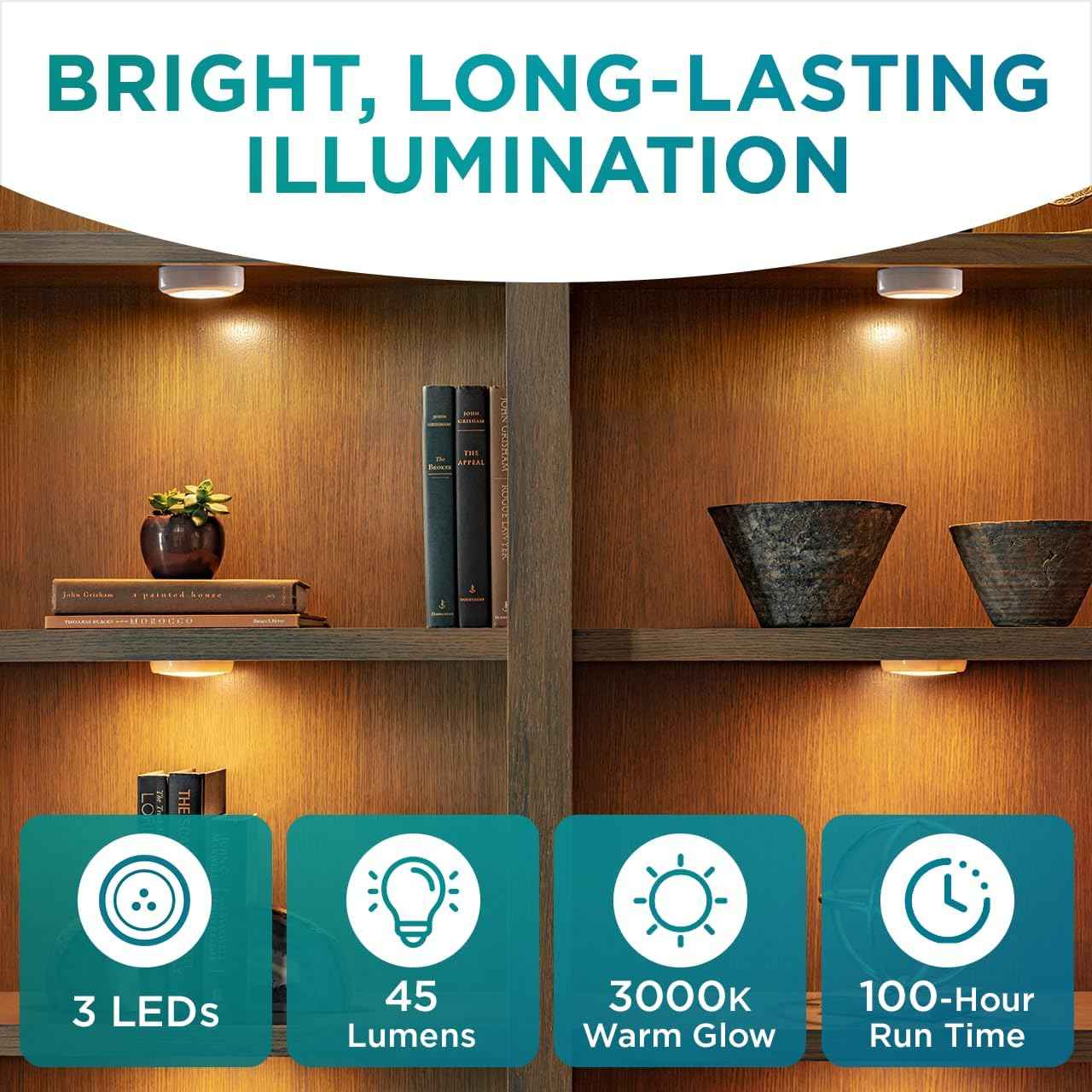 Brilliant Evolution Round LED Puck Lights – Stylish Cordless Fixtures for Floating Shelves and Vanity Counters, Pack of 2