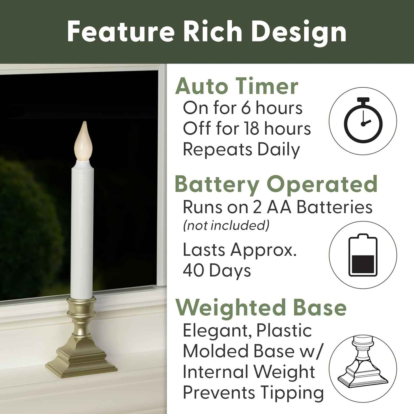 612 Vermont Battery Operated Window Candle with Timer – Shatterproof Bulb Safe for Nursery and Curtains