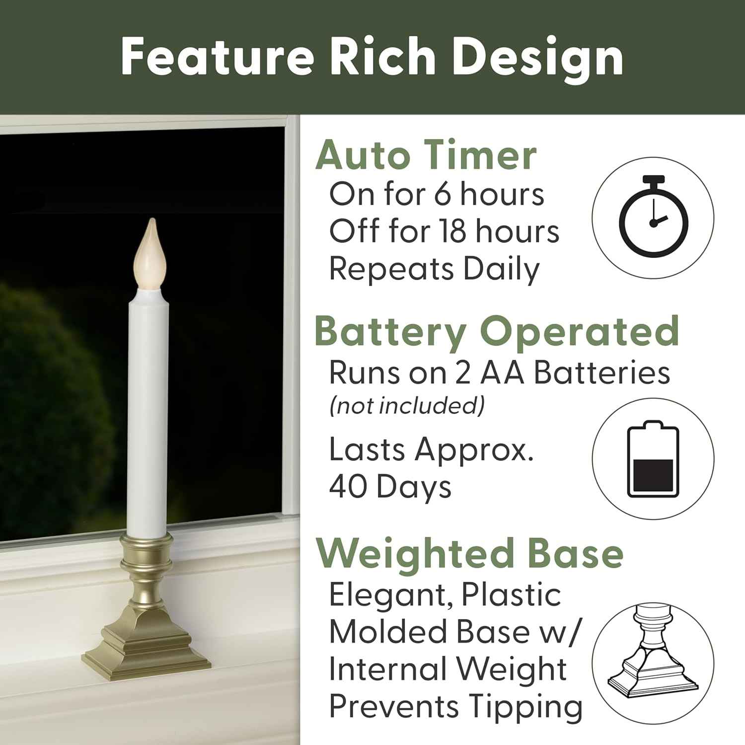 612 Vermont Battery Operated Window Candle with Timer – Shatterproof Bulb Safe for Nursery and Curtains