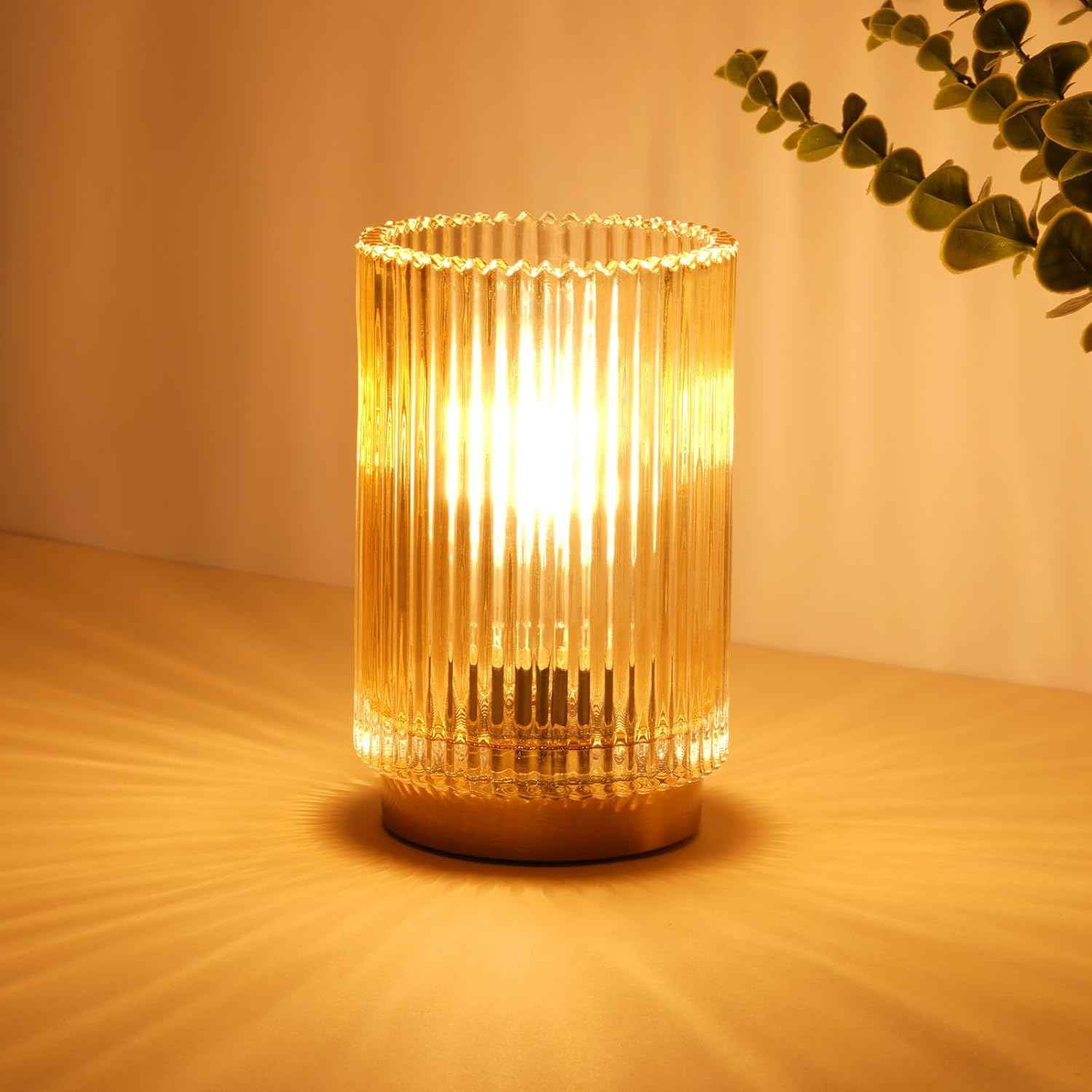 Decorative Fluted Glass Bedside Lamp with Warm LED Glow for Mantels, Bookshelves, and Console Tables