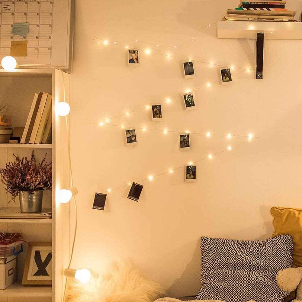 GloDream Safe Photo Clip String Lights for Kids Room - Cool-to-Touch Battery Operated 33Ft LED String with 50 Clips and Auto Shutoff Timer