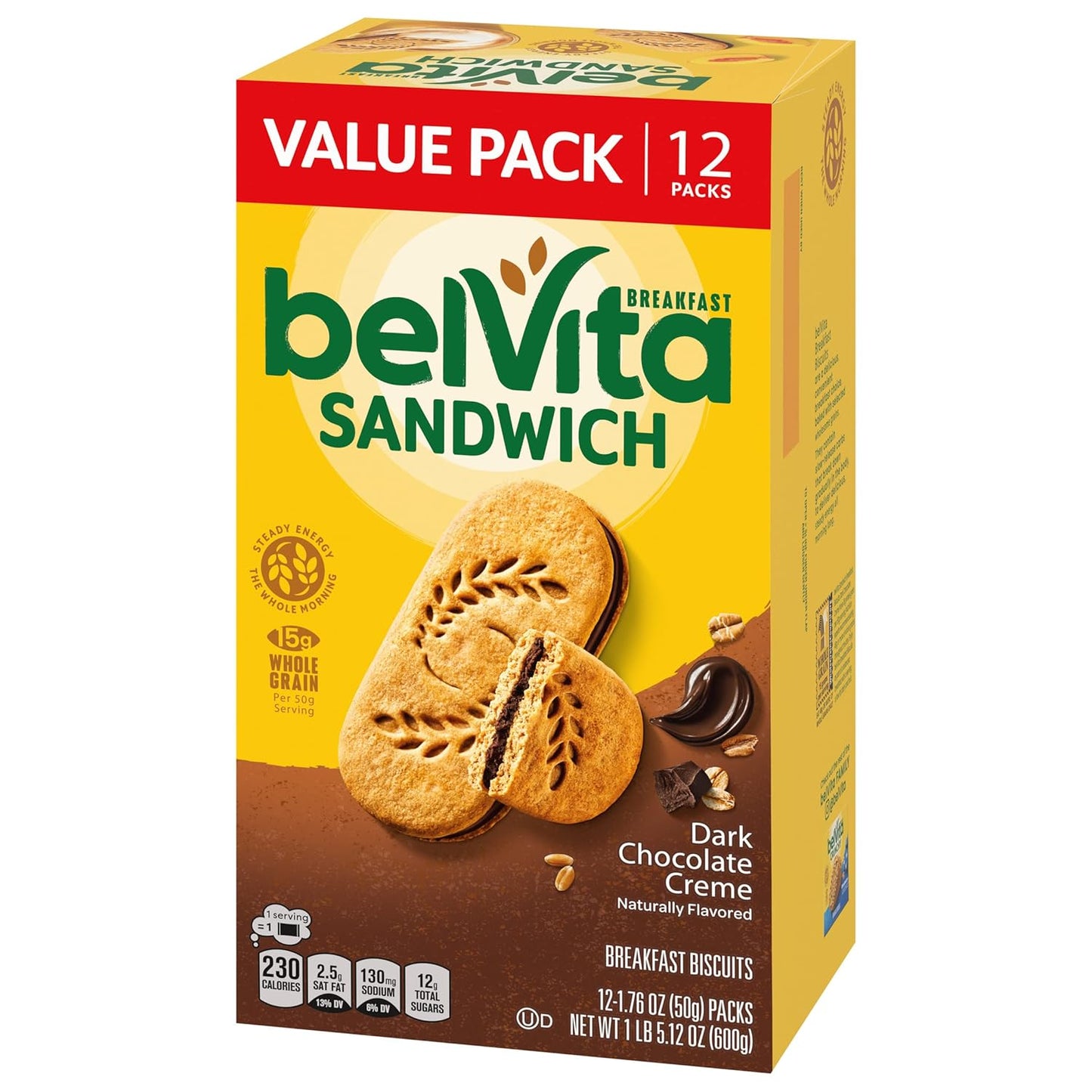 belVita Dark Chocolate Creme Biscuits – After-School Snack for the Kitchen Counter, 12-Pack Value Box