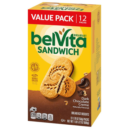 belVita Dark Chocolate Creme Biscuits – After-School Snack for the Kitchen Counter, 12-Pack Value Box