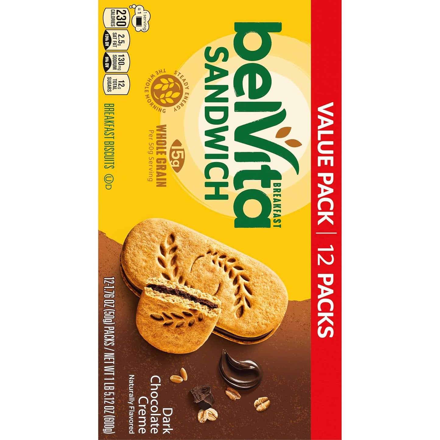 belVita Dark Chocolate Creme Biscuits – After-School Snack for the Kitchen Counter, 12-Pack Value Box