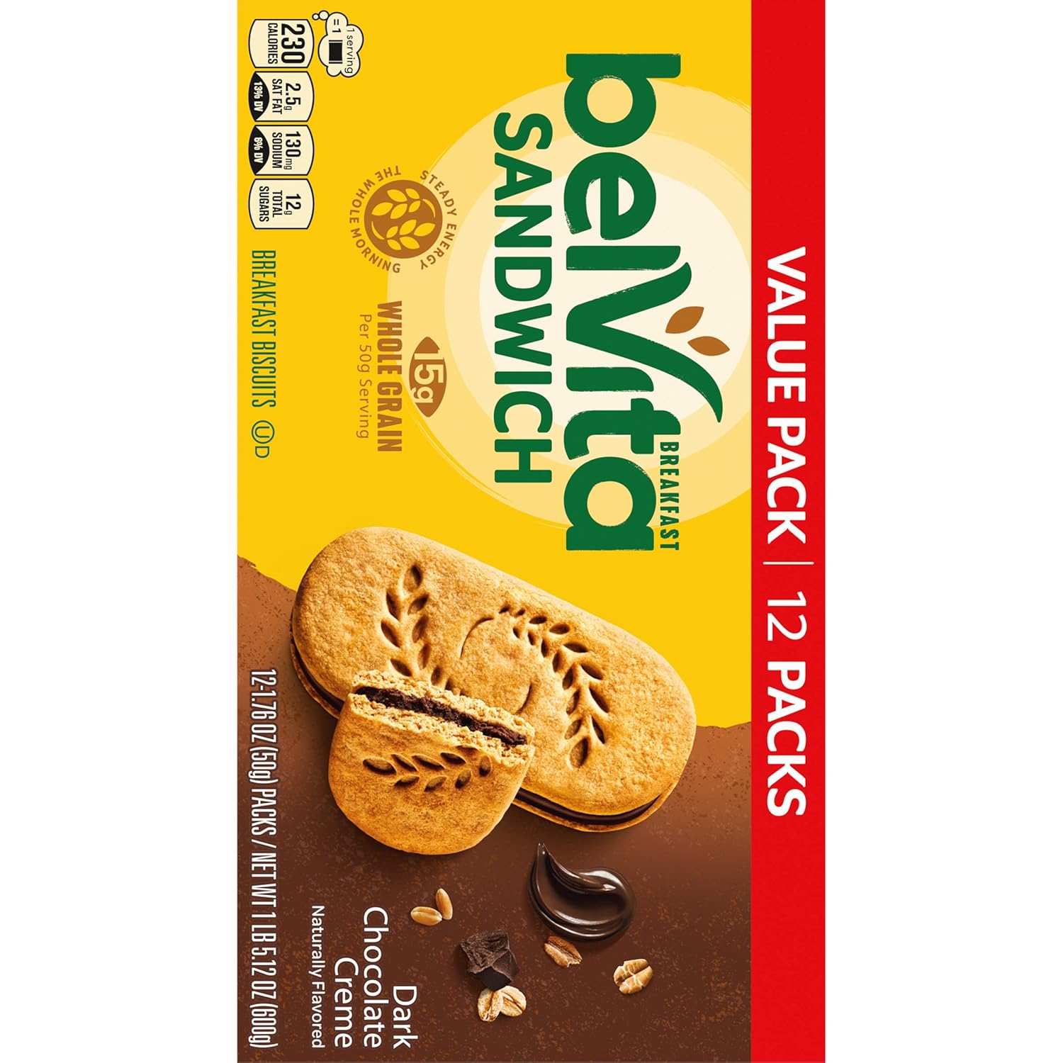 belVita Dark Chocolate Creme Biscuits – After-School Snack for the Kitchen Counter, 12-Pack Value Box