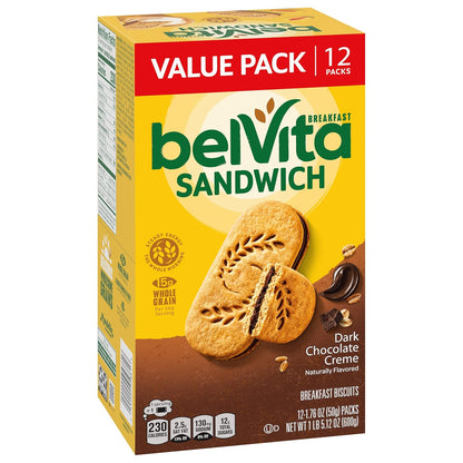 belVita Dark Chocolate Creme Biscuits – After-School Snack for the Kitchen Counter, 12-Pack Value Box